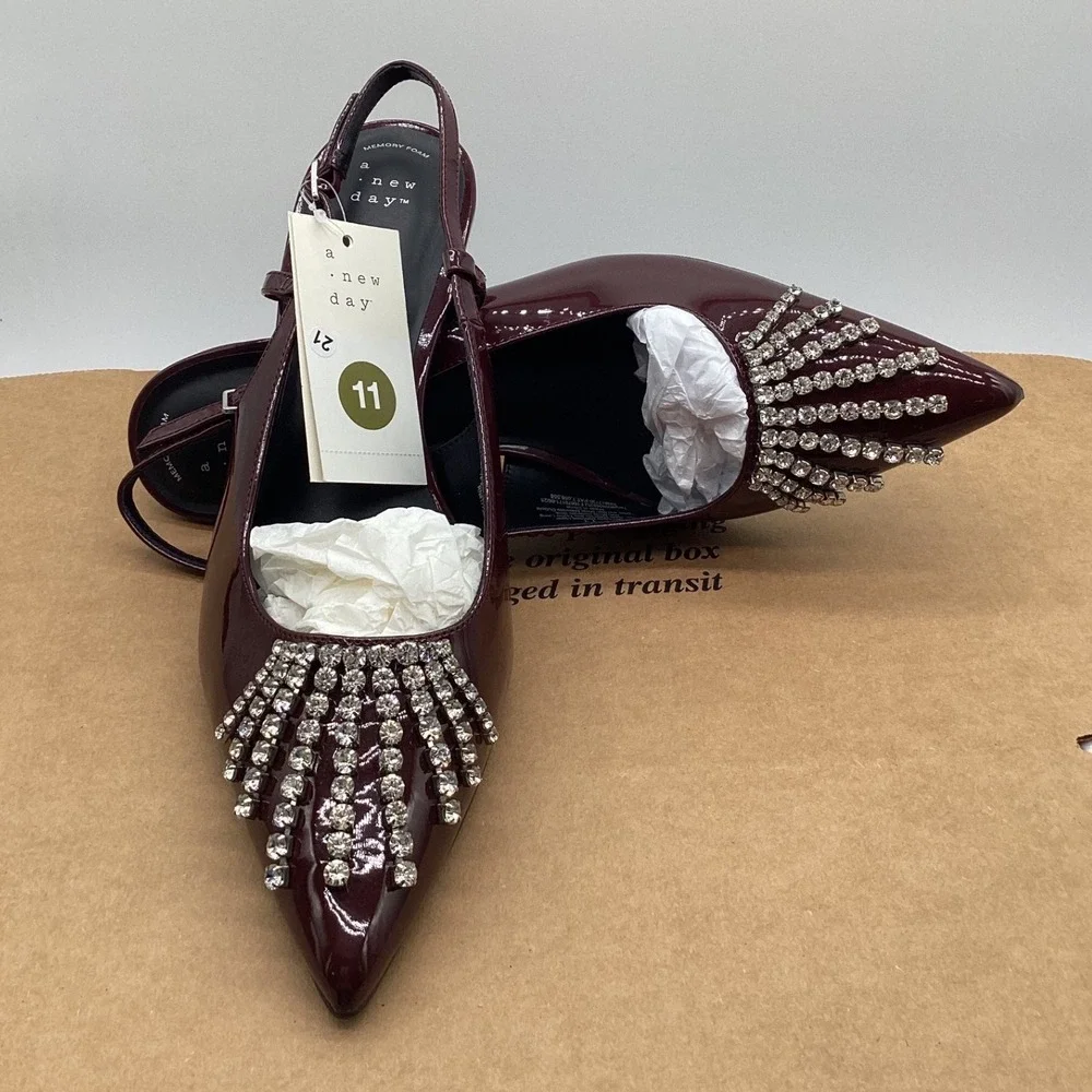 A New Day Womens Burgundy Patent Rhinestone‎ Slingback Kitten Heel Pumps Size 11